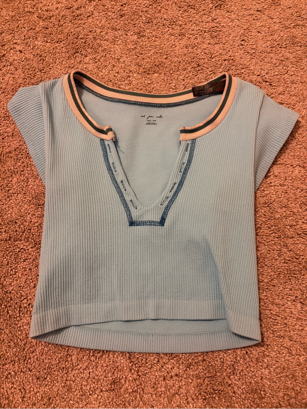 Urban Outfitters Light Blue Ribbed Crop Top with Peach & Navy Trim